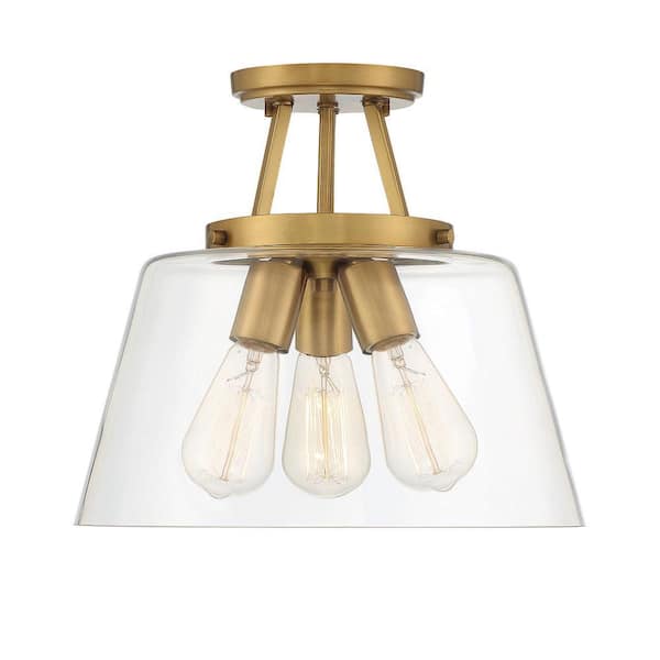 Savoy House Calhoun 13 in. W x 11.5 in. H 3-Light Warm Brass Semi-Flush Mount Ceiling Light with Clear Glass Shade