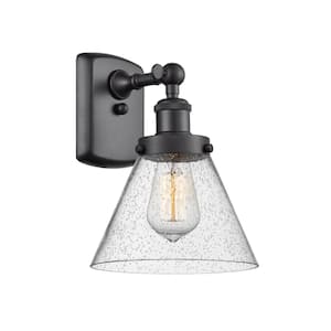 Ballston Urban Cone 8 in. 1-Light Matte Black Wall Sconce with Seedy Glass Shade