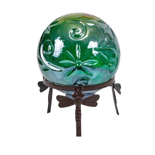 13 in. Tall Indoor/Outdoor Pearlized Green Glass LED Gazing Globe with Stand