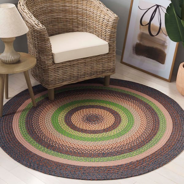 Braided Brown/Green 3 ft. x 3 ft. Machine Washable Multi Striped Round Area Rug