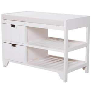 19 in. H x 27.25 in. W 4-Pair White Wood Shoe Storage Bench with Cushion, Entryway Rack with Drawers, Open Shelves