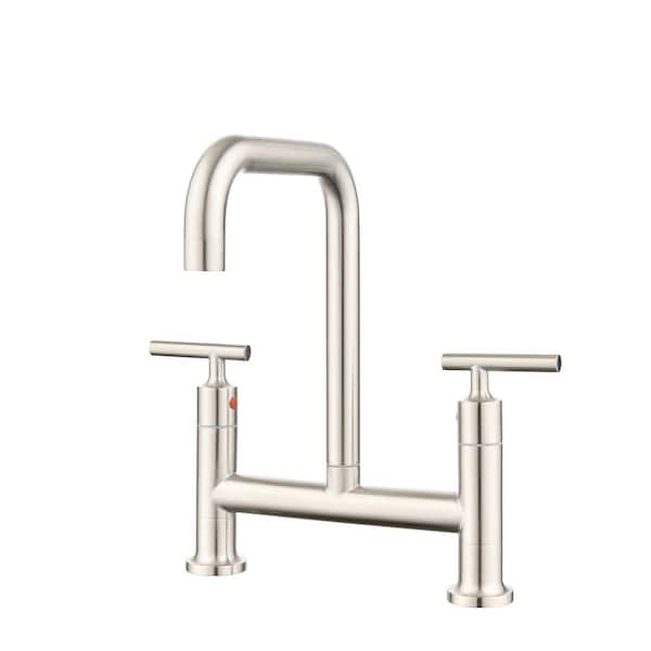 MYCASS PLATO Double Handle Bridge Kitchen Faucet with 360° Rotating Nozzle in Brushed Nickel