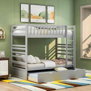 Gray Twin Over Twin Bunk Bed with Trundle and Ladder