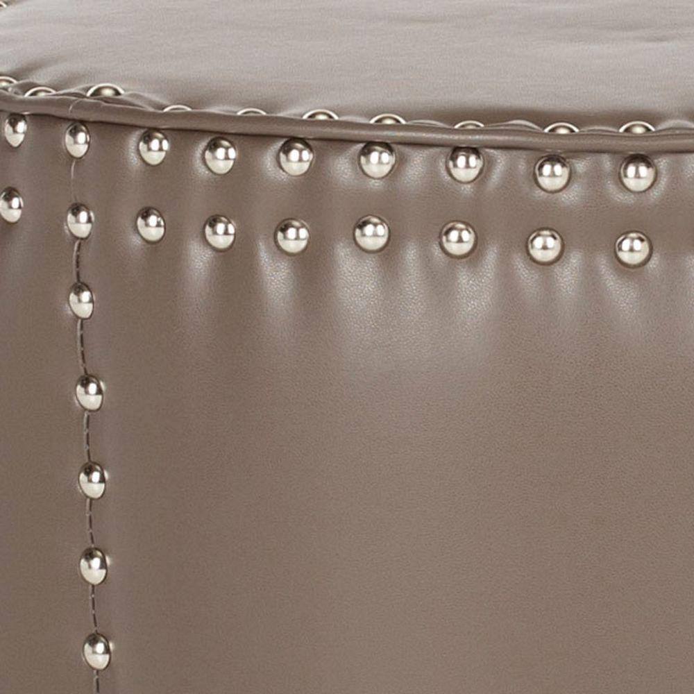 Clay Gray Bi-Cast Leather Round Ottoman with Brass Nailhead Trim