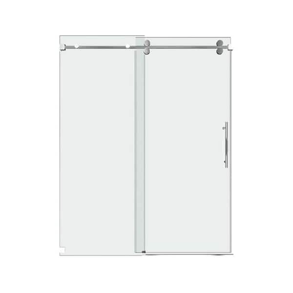 WELLFOR 60 in. W x 66 in. H Single Sliding Frameless Tub Door with 3/8 in. Clear Glass in Brushed Nickel Bathtub Doors(1-Piece)