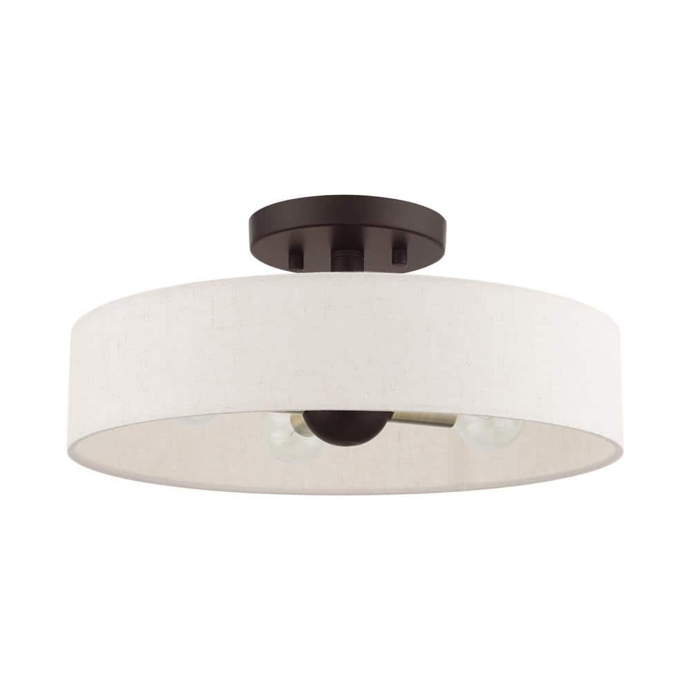 Bronze Antique Brass 4-Light Drum Semi-Flush Mount with Oatmeal Shade