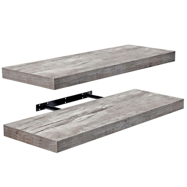 Wall Mounted Floating Shelves with Brackets, 24 in. W x 9 in. D Gray Wood Decorative Wall Shelves, 2-Pack