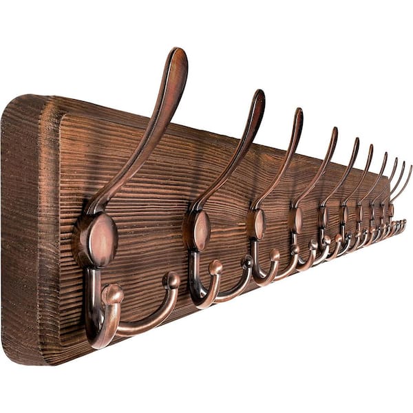 Unbranded 38.6 in. W x 4.3 in. D Antique Brown Coat Rack Wall Mount with 10-Triple Hooks Decorative Wall Shelf