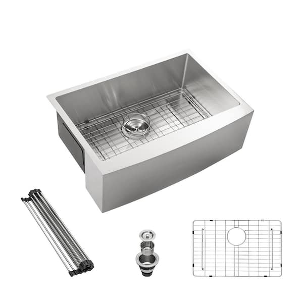 Logmey 33 in. 16-Gauge Farmhouse Apron Front Single Bowl Stainless Steel Kitchen Sink with Bottom Grid and Strainer