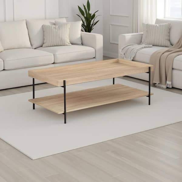 Benjara Allen 47.25 in. Natural Brown and Black Rectangle Wood Coffee Table with Tray Top