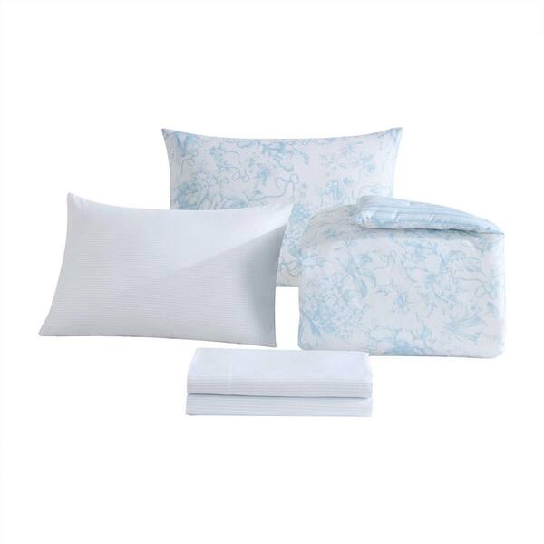 Laura Ashley Delphine 5-Piece Light Blue Microfiber Twin Bed in a