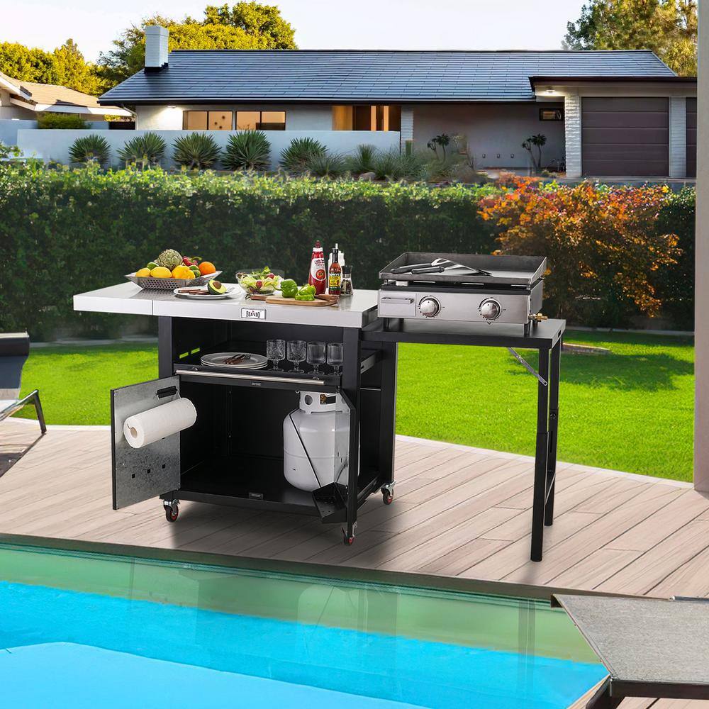 Black Stainless Steel Outdoor Kitchen Cart with Foldable Side Tables