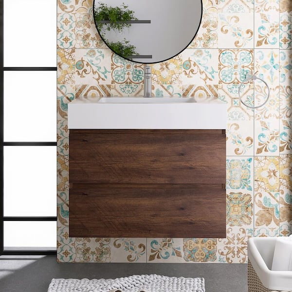 Staykiwi 30 in. W x 18.1 in. D x 25.2 in. H Single Sink Wall-Mounted Bath Vanity in Walnut with White Solid Surface Top