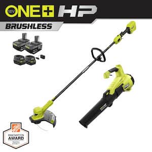 ONE+ HP 18V Brushless Cordless Battery String Trimmer and Leaf Blower with (2) 4.0 Ah Batteries and (2) Chargers