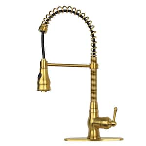 Single-Handle Deck Mount Gooseneck Pull Down Sprayer Kitchen Faucet with Deckplate Included and Handles in Brushed Gold