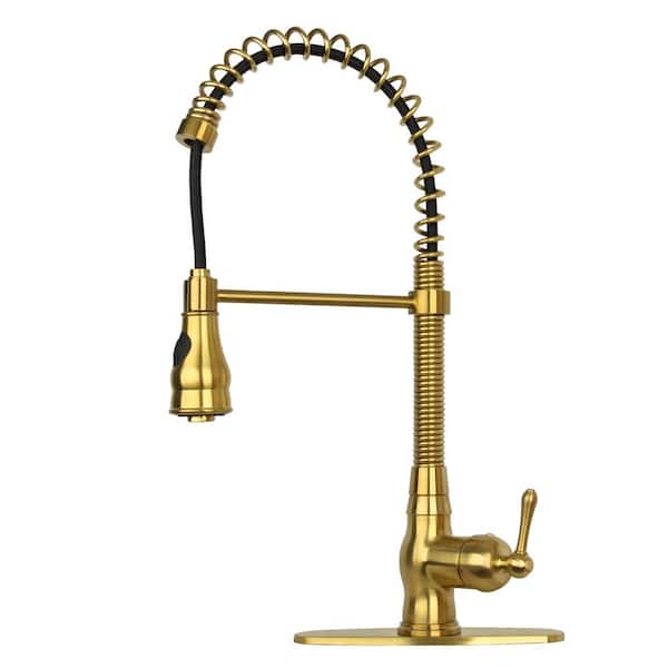 Akicon Single-Handle Deck Mount Gooseneck Pull Down Sprayer Kitchen Faucet with Deckplate Included and Handles in Brushed Gold