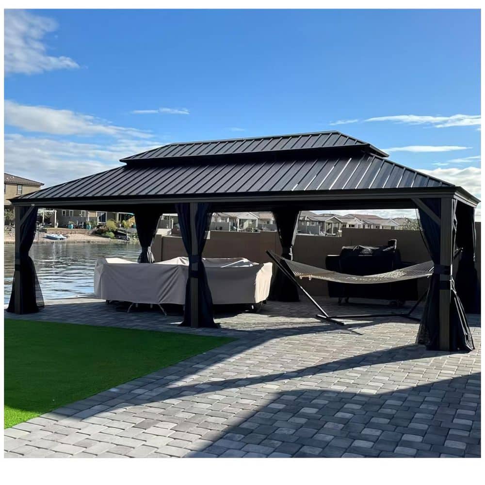 14 ft.x 24 ft.Bronze Aluminum Power-Coated Frame Galvanized Steel Double Roof Hardtop Gazebo,Hooks, Netting,Blue Curtain price history on PriceWatchPro