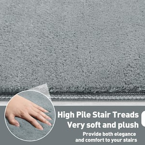 Soft Plush Light Gray 9.5 in. x 30 in. x 1.2 in. Bullnose Indoor Stair Tread Cover Tape Free Non-slip Carpet Set of 14