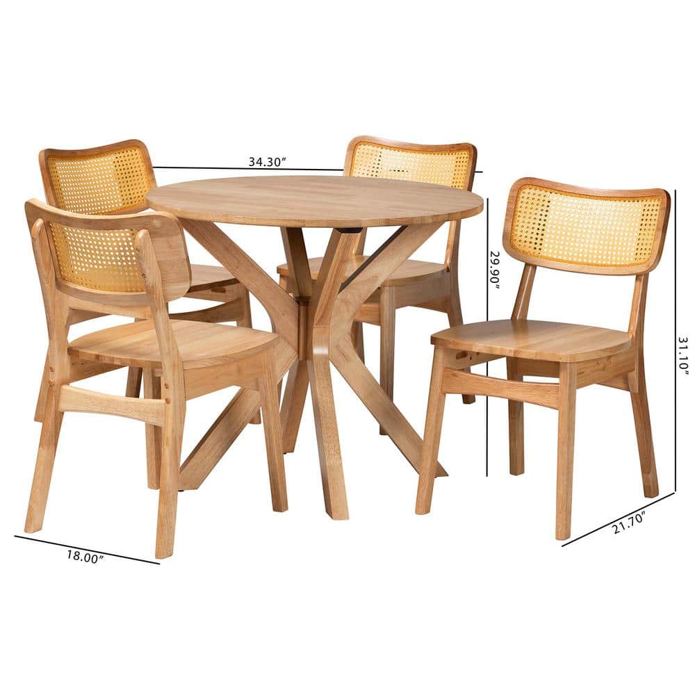 Mid-Century Modern Oak and Rattan 5-Piece Dining Set