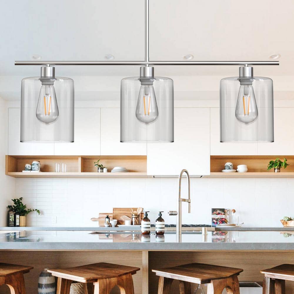 Brushed Nickel 3-Light Linear Island Pendant with Clear Glass Shades