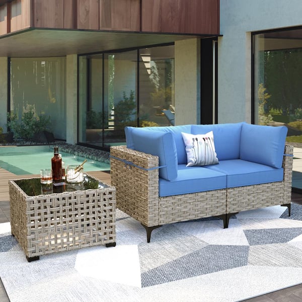 OVIOS Supery Gray 3-Piece Wicker Patio Conversation Set with Diamond Blue Cushions and Coffee Table