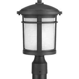 Wish Collection 1-Light Textured Black Etched White Linen Glass Craftsman Outdoor Post Lantern Light