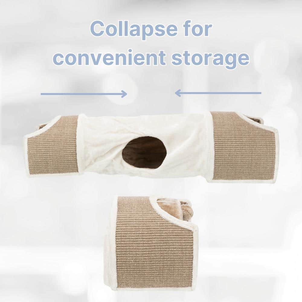 Cream and Brown Sisal Cat Tunnel with Plush Condos