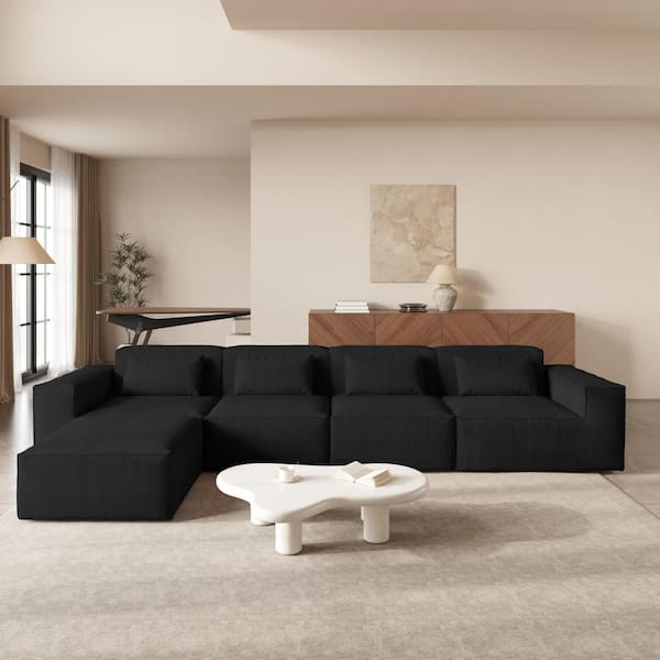 Deep Seat 149 in. Square Arm Cloud Fleece Fabric 4-Seater Modular Sectional Sofa with Ottoman in. Black for Apartment