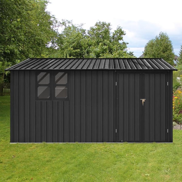 Black 12x10 Ft Metal Outdoor Garden Storage Shed with Windows
