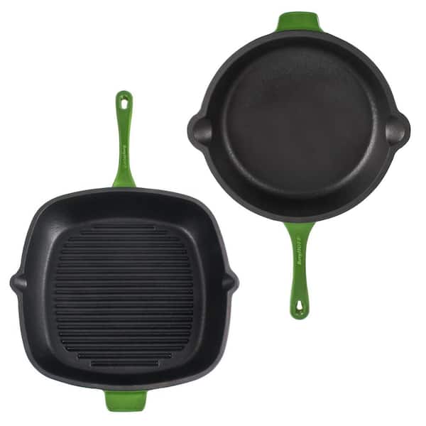 Neo 2 Piece Cast Iron 10 in. Fry Pan and 11 in. Grill Pan Cookware Set, Green
