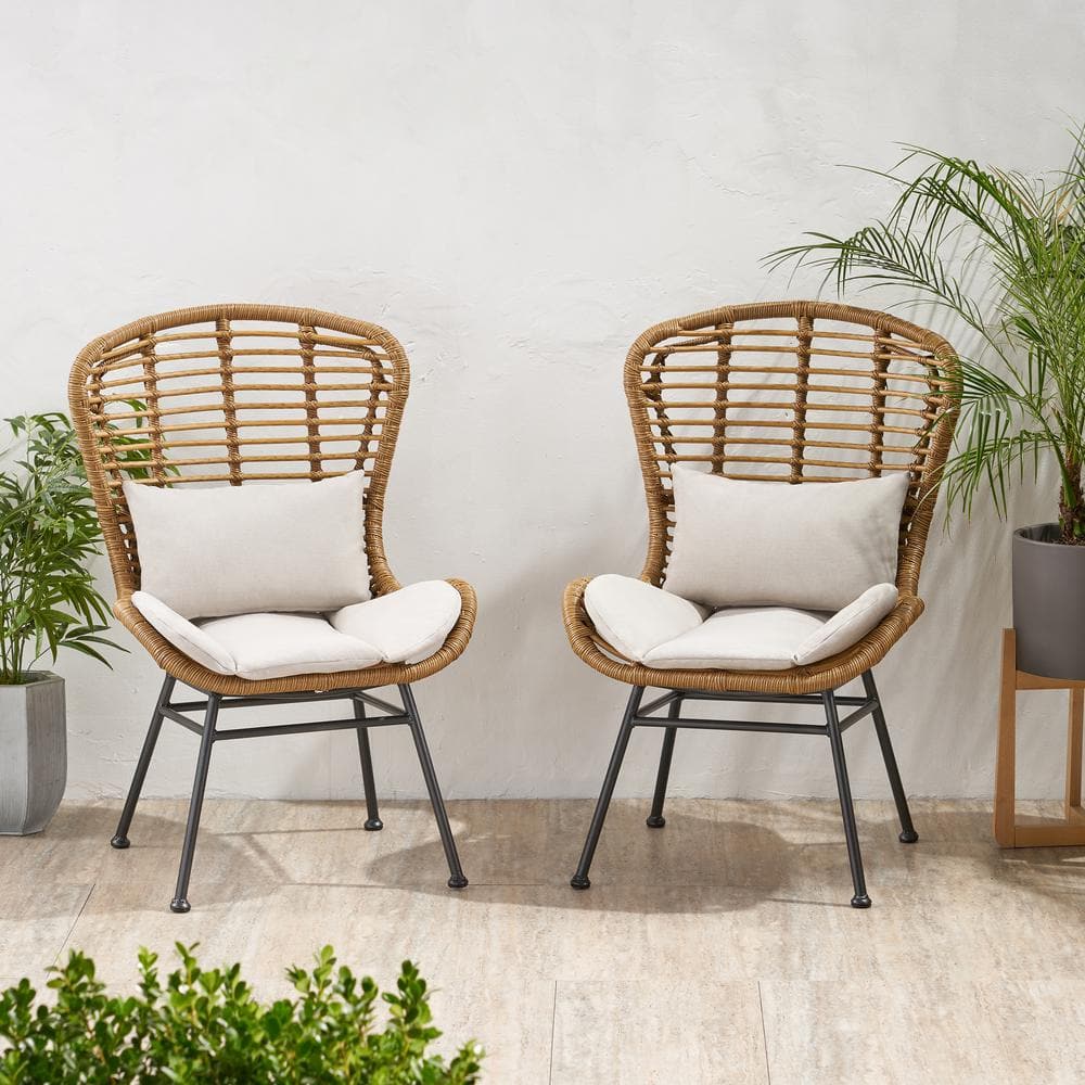 Light Brown Faux Rattan Armless Patio Chairs with Beige Cushions