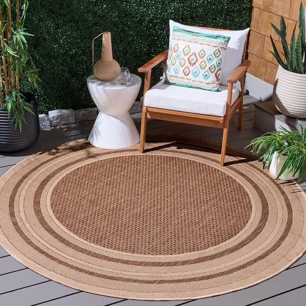 Courtyard 7 ft. x 7 ft. Round Dark Beige/Beige Solid Color Striped Indoor/Outdoor Area Rug