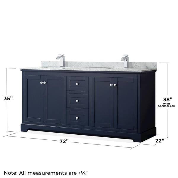 Wyndham Collection Avery 72-in Dark Blue Double Sink Bathroom Vanity with White Carrara Marble Natural Marble Top