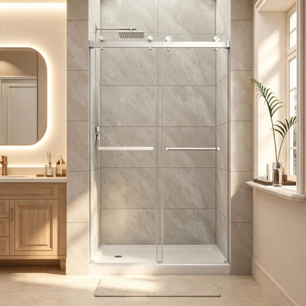48 in. W x 76 in. H Sliding Frameless Shower Door in Brushed Nickel with SGCC Clear Tempered Glass price history on PriceWatchPro