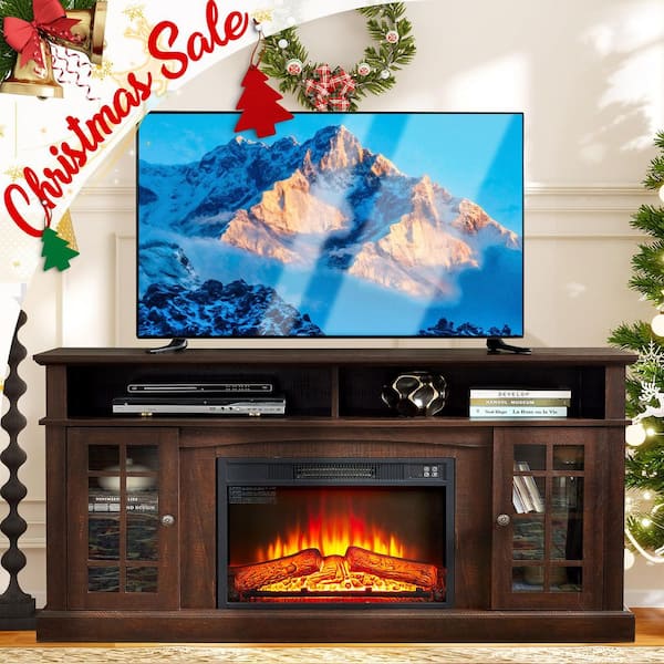 58.25 in. Freestanding Electric Fireplace TV Stand with 23 in. Fireplace Insert, Storage Space, Espresso, 320 sq. ft.