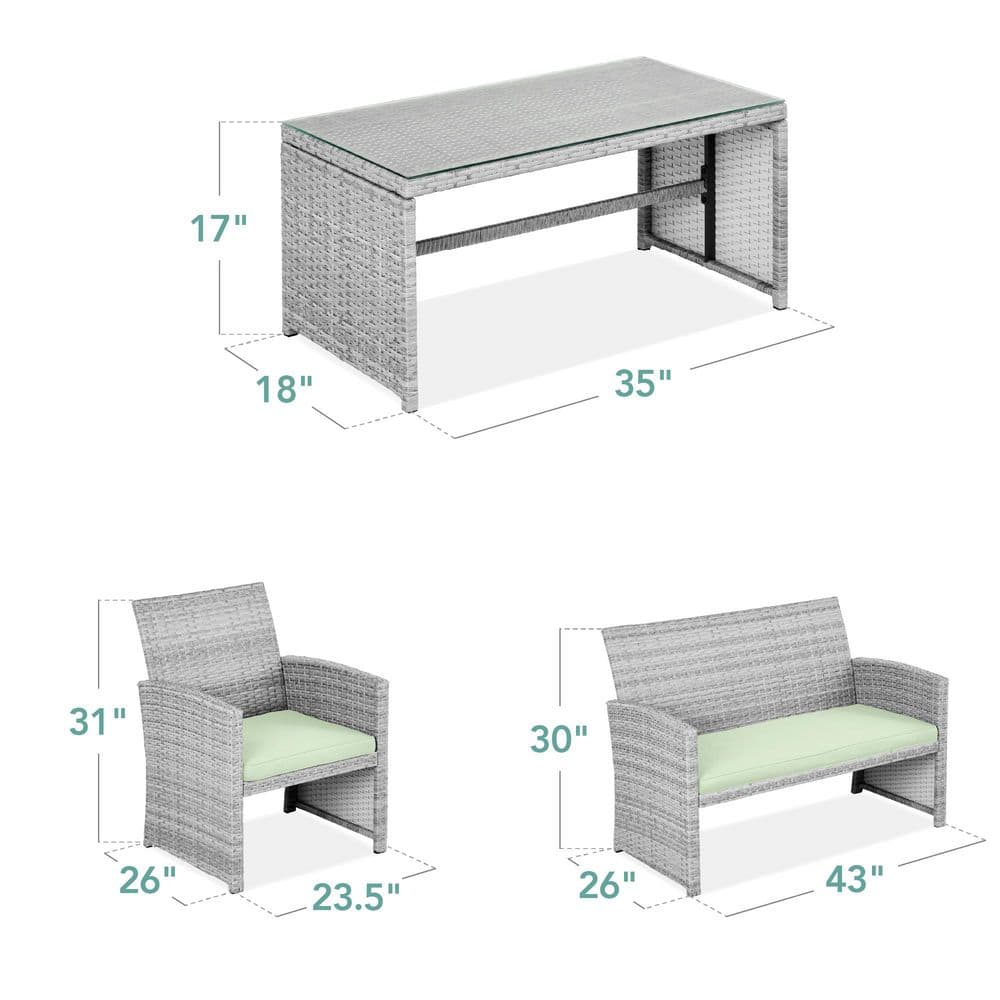 Gray Wicker 4-Piece Patio Conversation Set with Light Mint Cushions