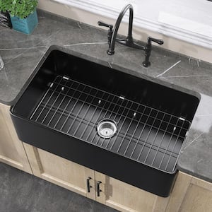 30 in. Rectangular Apron Front Farmhouse Sink Single Bowl Center Drain Black Fireclay Kitchen Sink with Bottom Grid