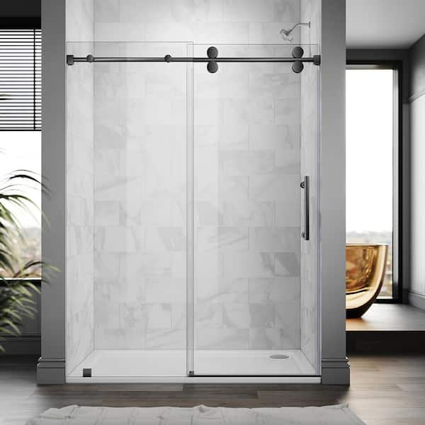 UKS04 56 to 60 in. W x 84 in. H Sliding Frameless Shower Door in Matte Black, EnduroShield 3/8 in. SGCC Clear Glass