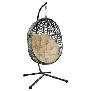 Wicker Hanging Swing Chair Rattan Hanging Egg Chair w/Durable Stand and Waterproof Khaki Cushion