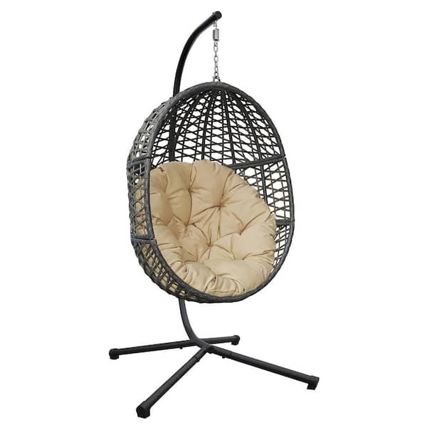 cenadinz Wicker Hanging Swing Chair Rattan Hanging Egg Chair w/Durable Stand and Waterproof Khaki Cushion