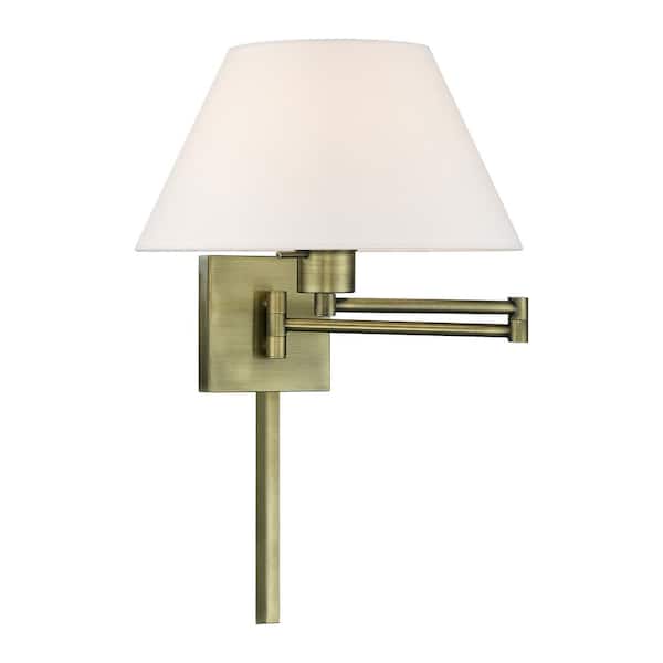 AVIANCE LIGHTING Atwood 1-Light Antique Brass Plug-In/Hardwired Swing Arm Wall Lamp with Off-White Fabrick Shade