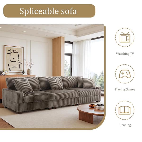 118.31 in. W Square Arm 3-Piece Faux Rabbit Fur Fabric Rectangle 3-Seats Sectional Sofa in. Light Brown