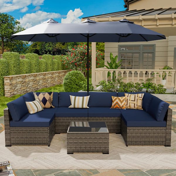 8-Piece Wicker Outdoor Sectional Set with Blue Cushion and 12 ft. Double-Sided Patio Umbrella