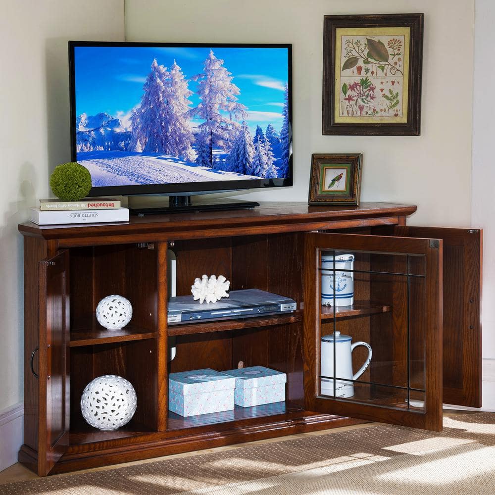 Burnished Oak 50" Corner TV Stand with Leaded Glass Doors