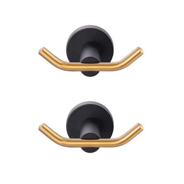 Stainless Steel Bathroom Hook Wall Mount J-Hook Robe/Towel Hook with Concealed Hardware in Black and Gold (2-Pack)