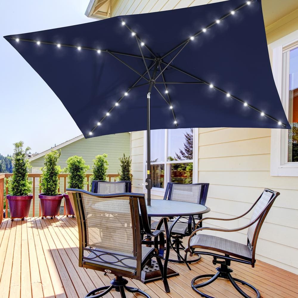 Sonkuki 10 ft. x 6.5 ft. Rectangle Solar LED Outdoor Patio Market Table Umbrella with Push Button Tilt and Crank in Navy Blue