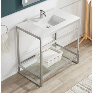 Orchard 36 in. Console Sink in Brushed Nickel with Glossy White Countertop