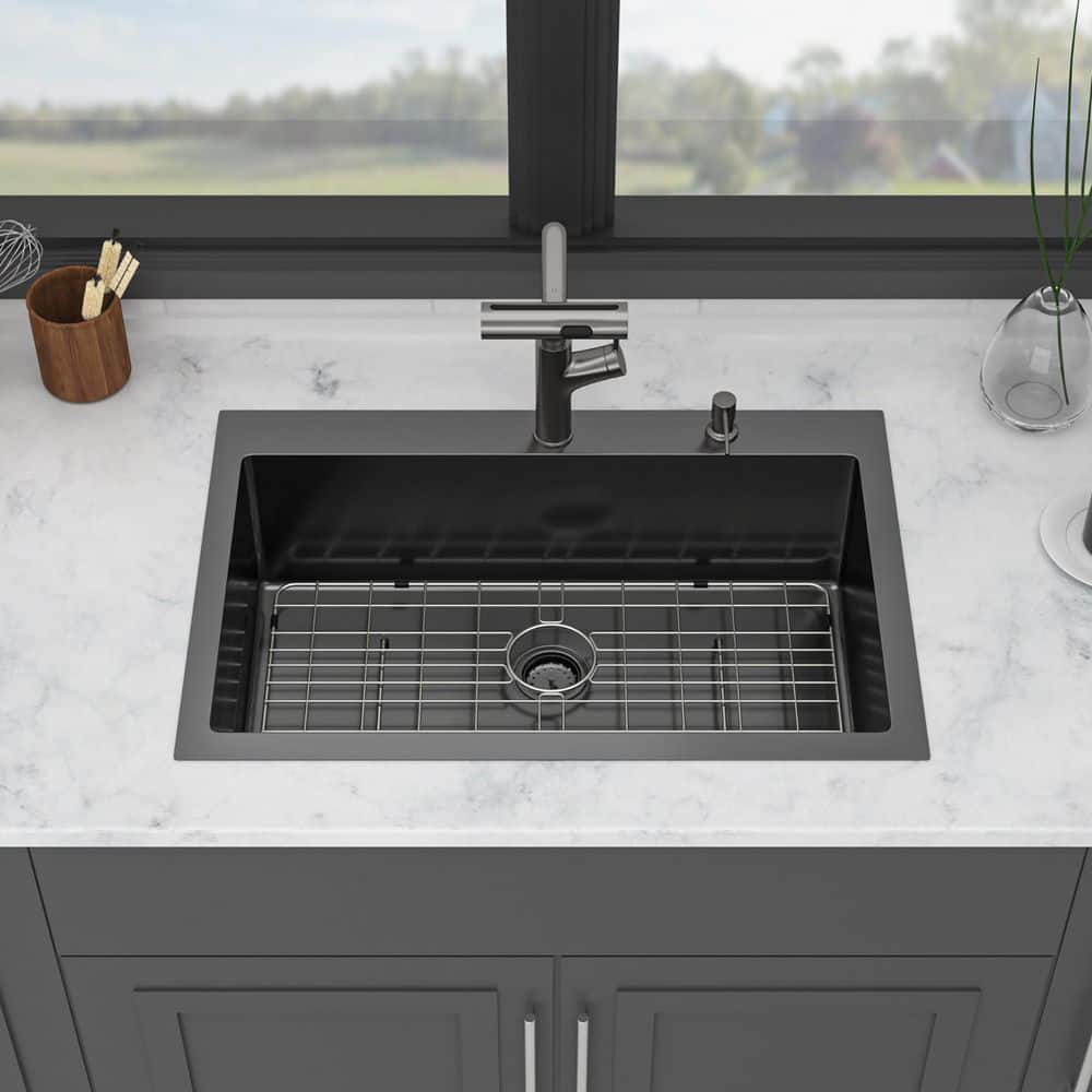 30 in. Drop-In Single Bowl 16 Gauge Gunmetal Black Stainless Steel Kitchen Sink with Faucet and Soap Dispenser price history on PriceWatchPro