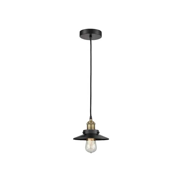 Railroad 100-Watt 1-Light Black Antique Brass Standard Mini Pendant Light with Metal Shade