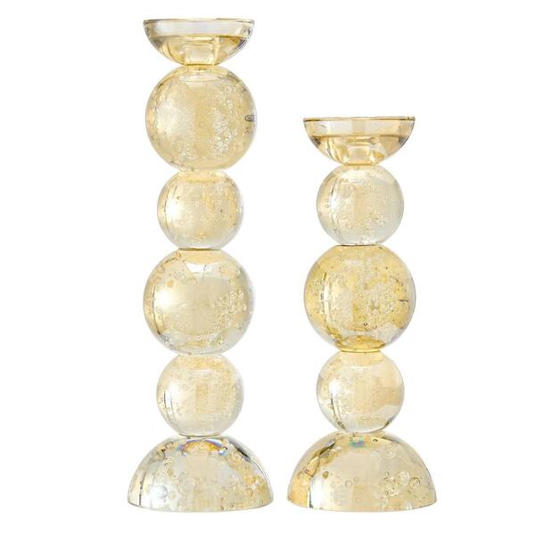 Enya Champagne Gold Tint Bubble Glass Stacked Orb Pillar Candle Holder (Set of 2)